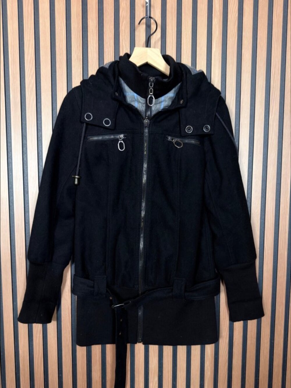 Free People Jacket 6 Black Utility Hoodie Full Zip Belted Waist Double Zip Print